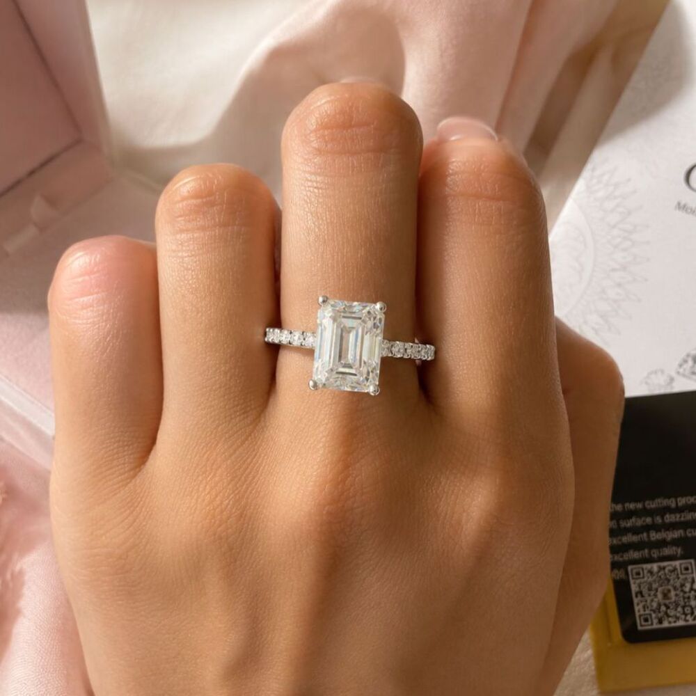 2 CT Emerald Cut Moissanite Ring D Color Size 7 GRA Certified